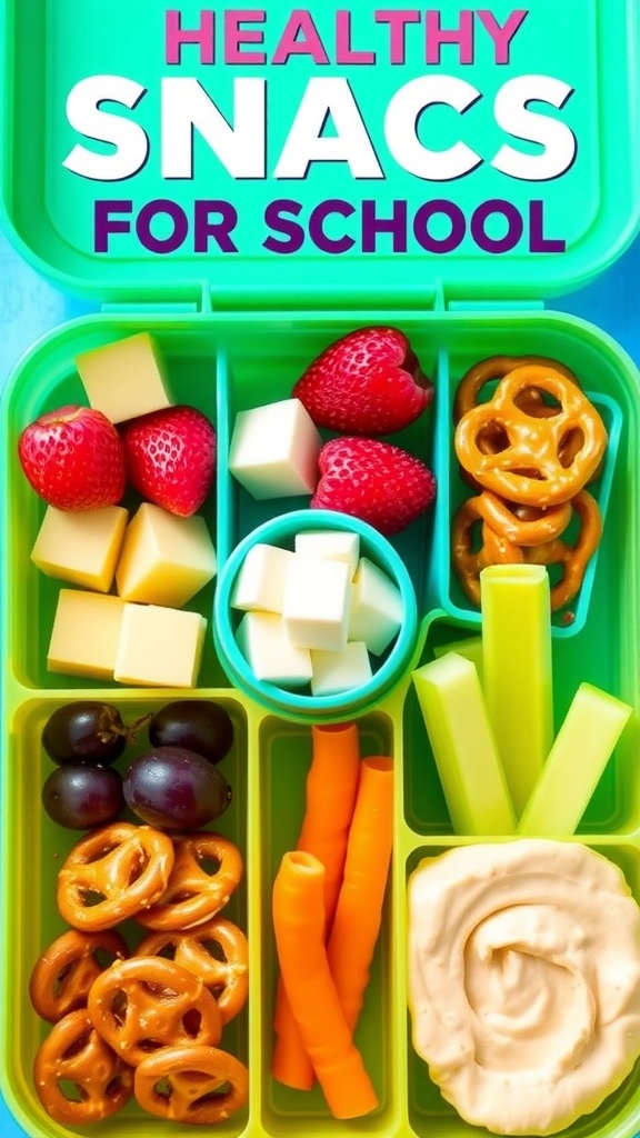 A bento box filled with fresh fruits, cheese, pretzels, and veggie sticks for a school snack.